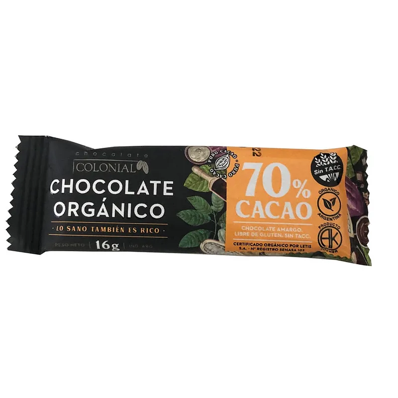 Barra de Chocolate Organico Negro 70% Cacao x 16 gr (Colonial)