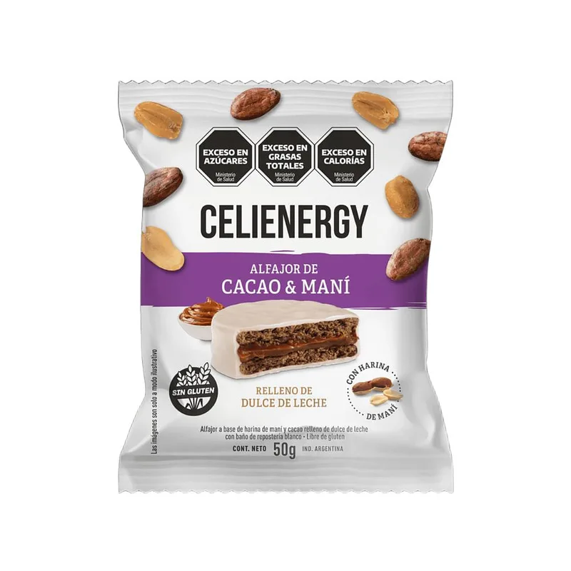 Alfajor de Cacao y Mani Relleno de Dulce de Leche con Bano Repostero de Choco Blanco x 50 gr x 12 u (Celienergy)